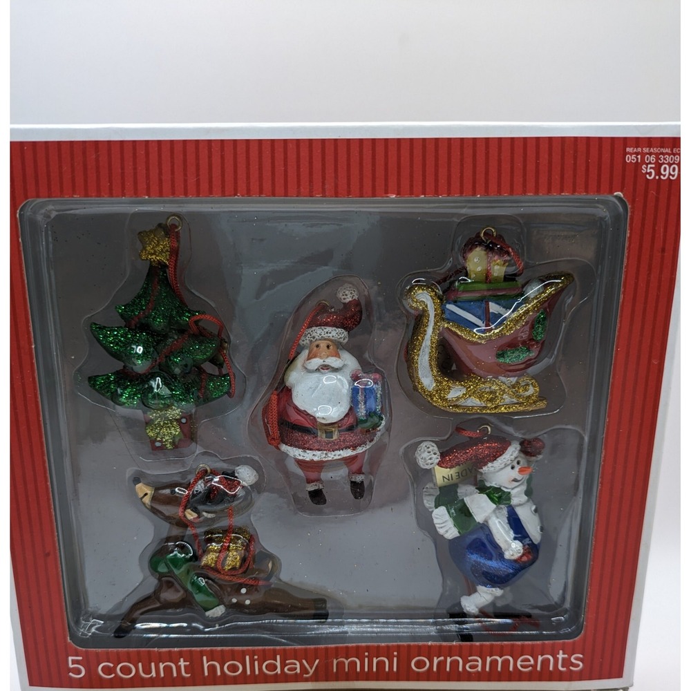 Target Brands-5 Mini Ornaments 2008 Tree Reindeer Santa Sleigh Snowman NIB